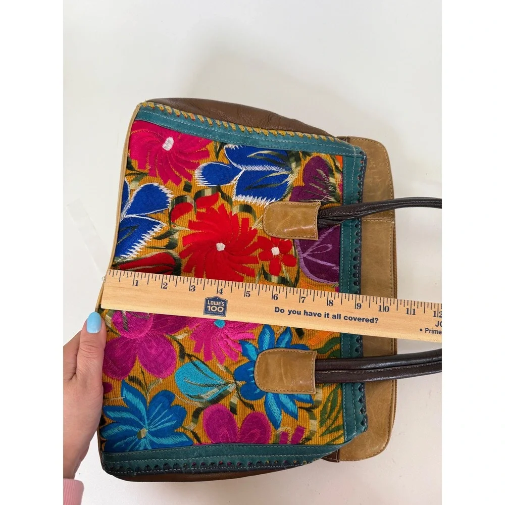 Handmade Leather Satchel Handbag Floral Embroidered Boho Artisan Multicolor - Picture 8 of 15